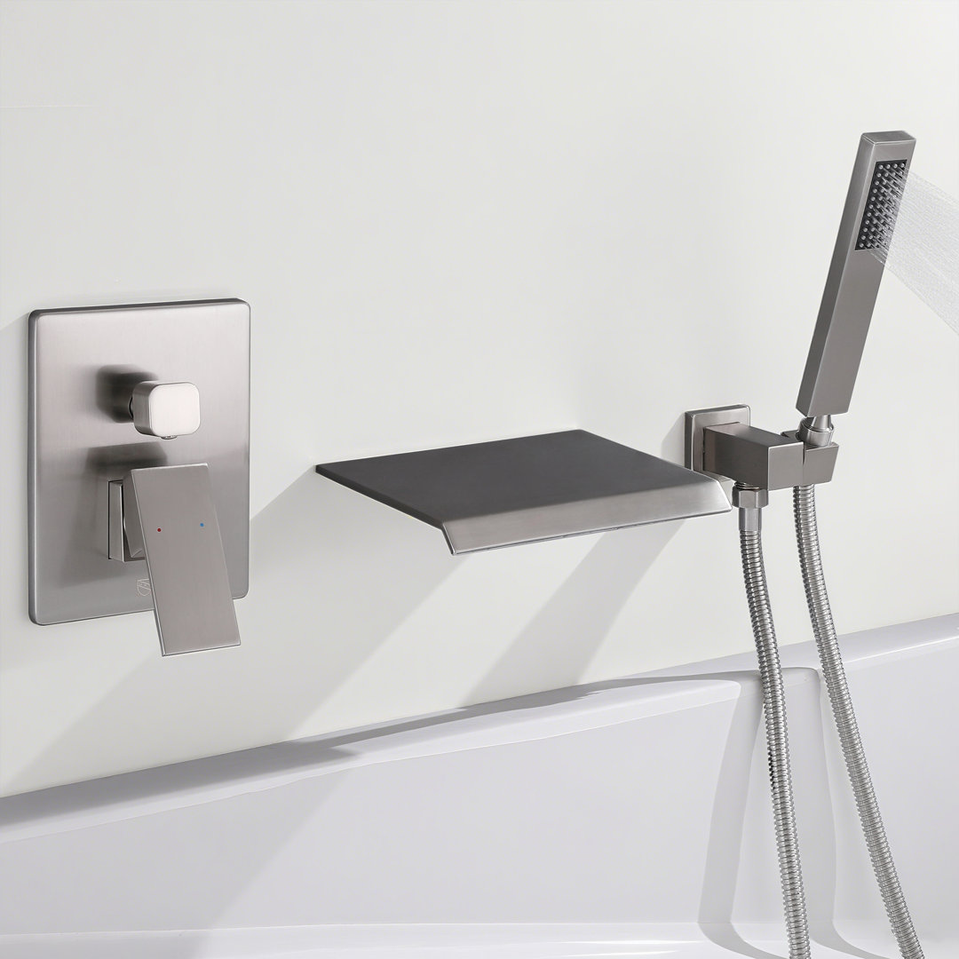 8" Solid Brass Waterfall Bathtub Faucets with Anti-Scald Pressure Balance Valve, Wall Mounted Tub Spout with Handshower Aqua Gallery 