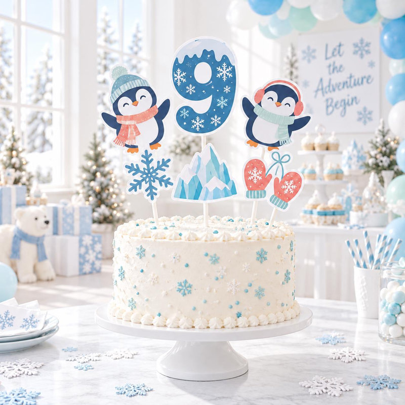 Nine Happy Penguins Cake Topper Set, 6 Piece, 1-9 Birthday Arctic Penguin Decorations (YEARS: THREE), THREE