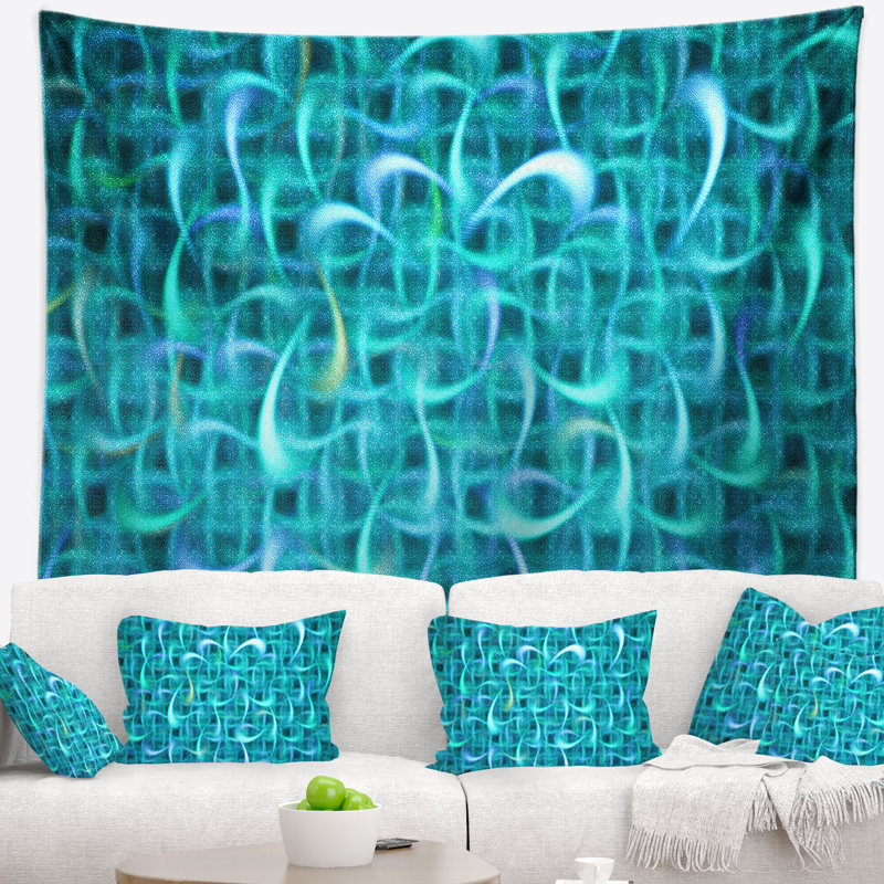 Tapisserie abstraite à motif fractal turquoise turquoise, H 32 po x l 39 po