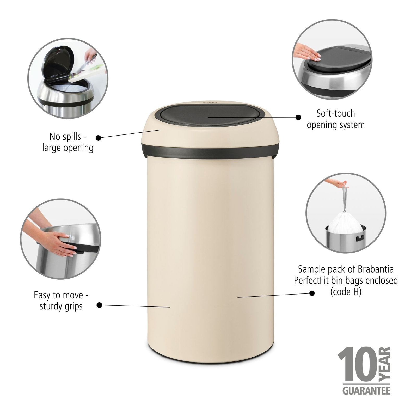 Brabantia 16gal Touch Top Trash Can, Soft Beige