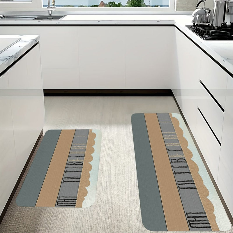 Tapis de cuisine neutre festonné pour cuisine et décor moderne, brun gris, 2 pièces