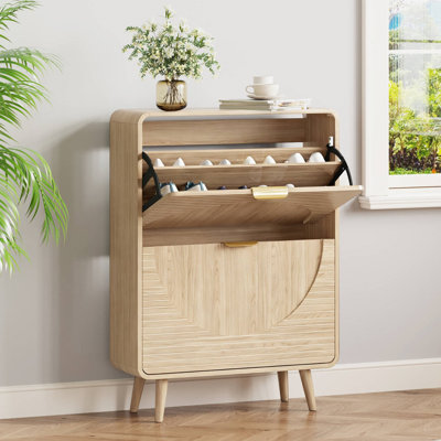 Wood Double-layer Drawer Shoe Cabinet, Enclosed Shoe Storage Unit with Fluted Drawers, 4 Legs and Anti-tipping Device, Suitable for Entryway, Hallway, Living Room