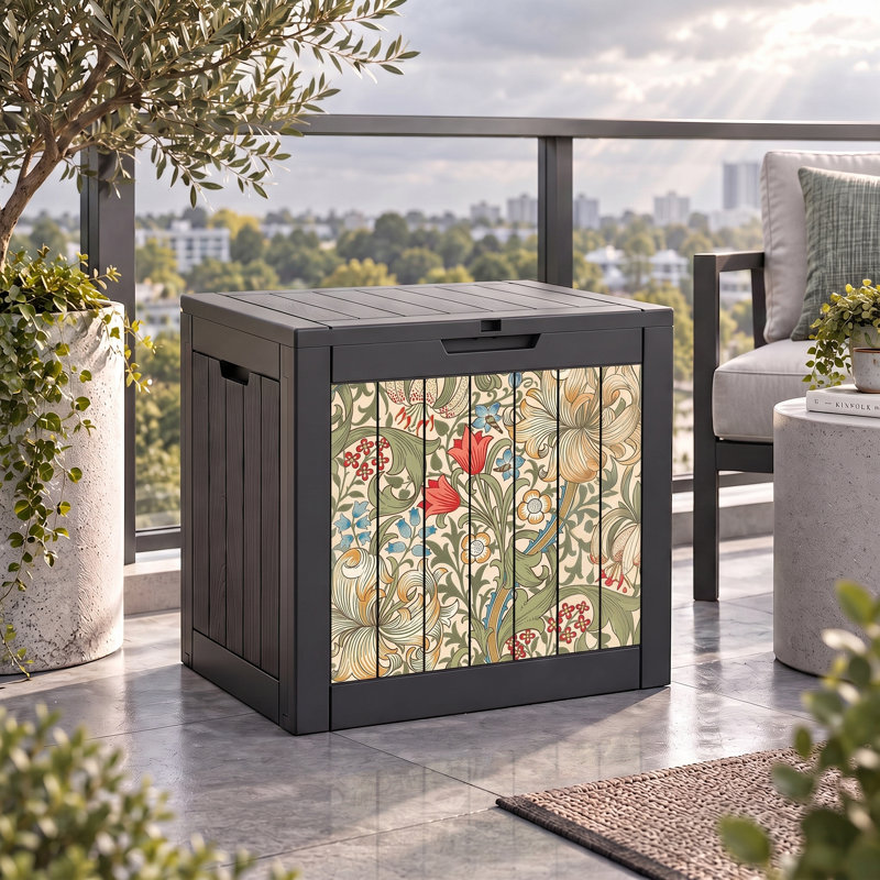 Coffre de terrasse verrouillable et résistant aux intempéries de 40 gallons avec siège, élégant coffre de rangement extérieur inspiré de la botanique.
