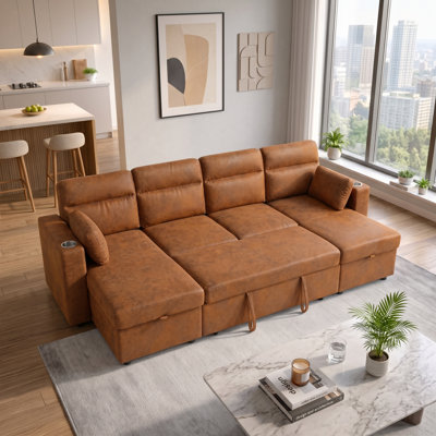 Canapé d'angle convertible de 106 po en tissu métallisé aspect cuir avec méridienne de rangement