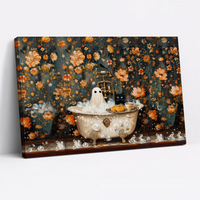 Art mural sur toile, "Fantôme dans la baignoire" avec chat noir et floral d'Halloween