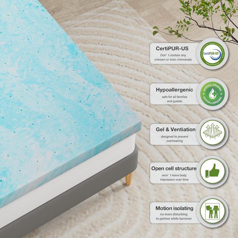Merrillville Extra-long Twin 2'' Memory Foam Mattress Topper, Blue, Twin XL