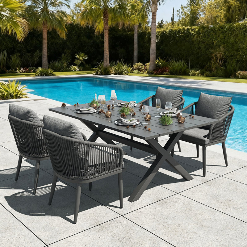 5 Pieces Outdoor Dining Set Woven Rope Wicker Patio Dining Set With Rectangular Aluminum Table And Modern Armrest Dining Chairs