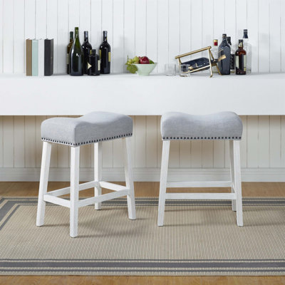 Upholstered Counter Height Stools - Saddle Seat, Distressed Finish, Light Gray Fabric, Set Of 2