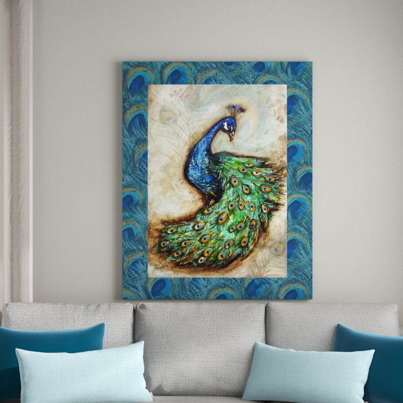Peacock With Border 1 Piece Wrapped Canvas Wall Art, 114.3cm H x 91.44cm W