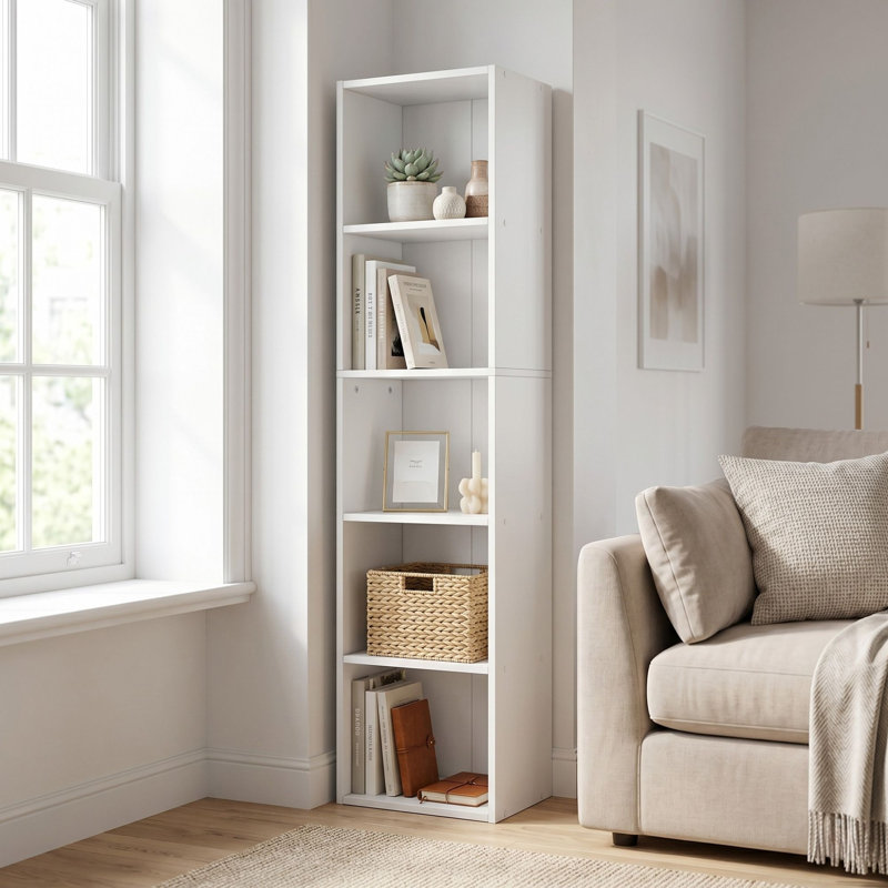 12.6”W Bookshelf With Open Storage, 5-Tier Display Shelves For Living Room, Bedroom & Home Office, White