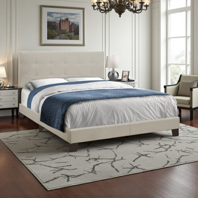 Gable Transitional Queen Size Bed in a Beige Linen, 45.57'' H X 64.05'' W X 85.09'' L