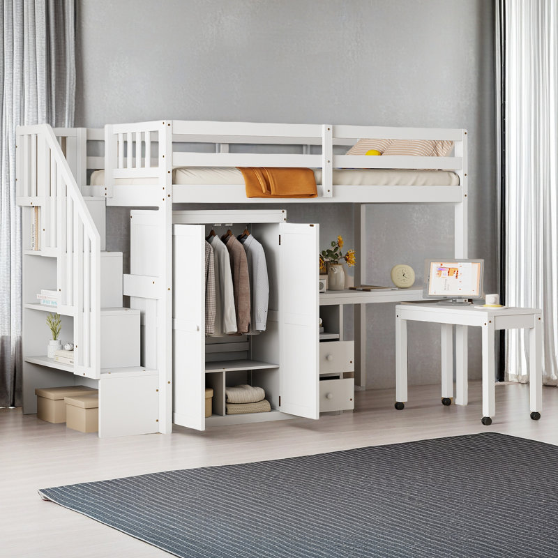 Lit mezzanine avec escalier, Lit simple, Blanc