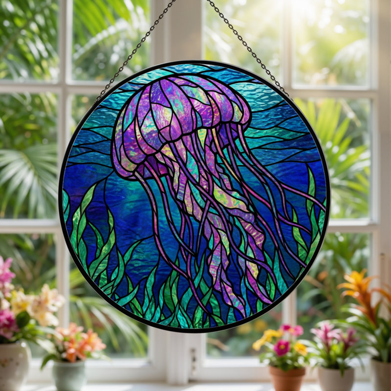 7.8"H Jellyfish Ocean Stained Glass Window Panel, 7.8" H x 7.8" W