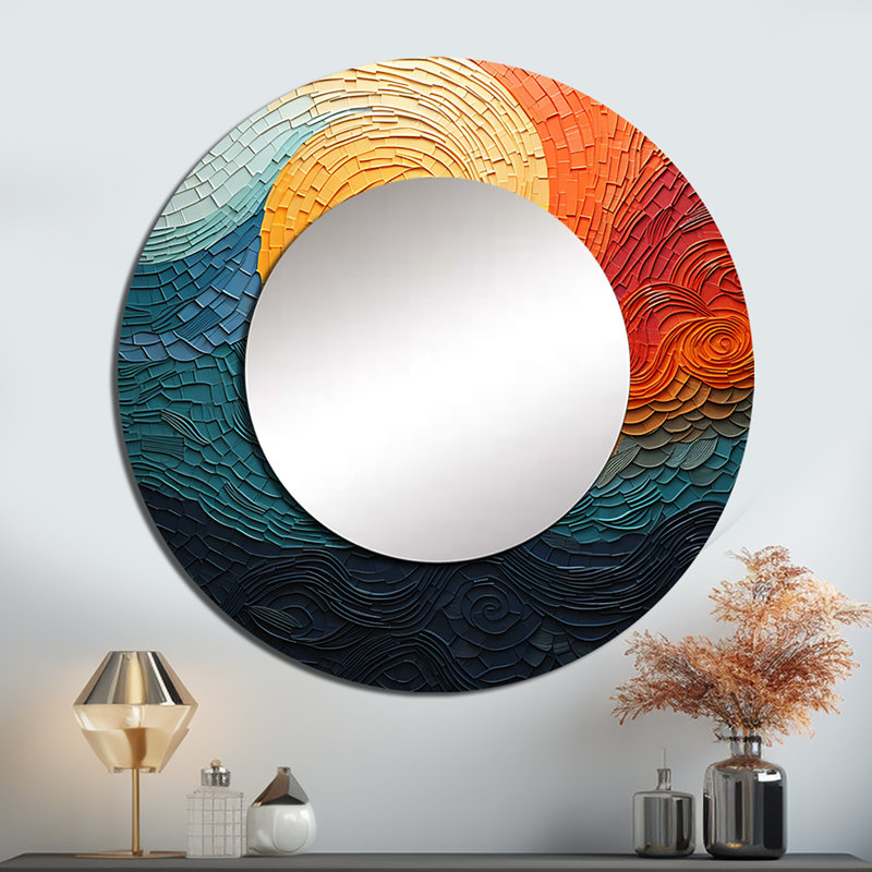 «Scherri» sarcelle orange, Op Art Rhythmic Illusion III - miroir unique, grand miroir, 23 po x 23 po