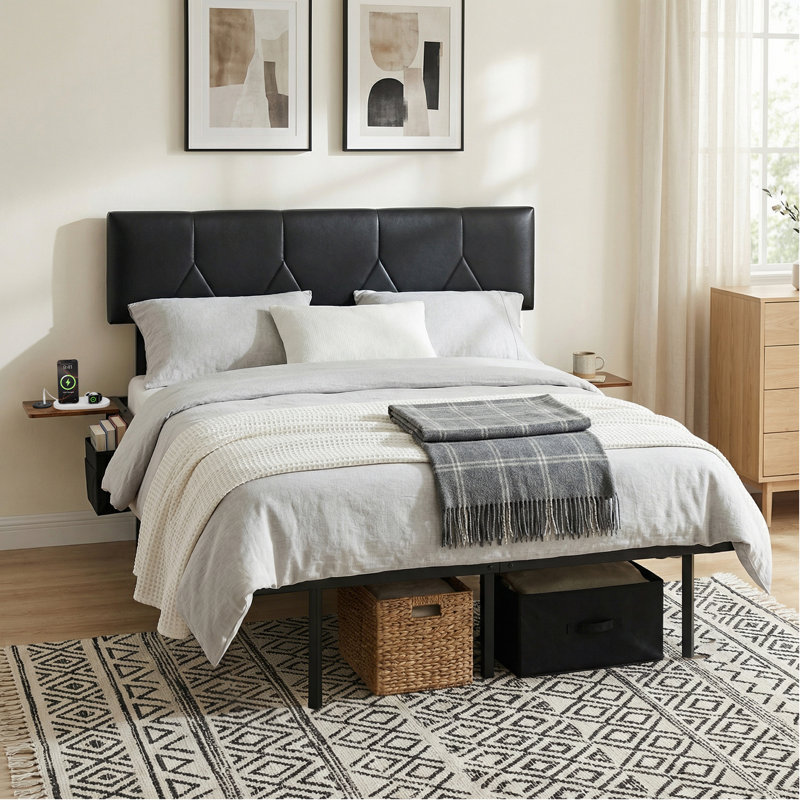 Aether Upholstered Floating Bed Frame with Charging Shelves & Lighting, Metal Platform, No Box Spring Needed, King