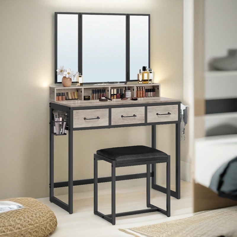 Sagar Dressing Table with Mirror And Stool Vanity Desk Bedroom Furniture, Grey
