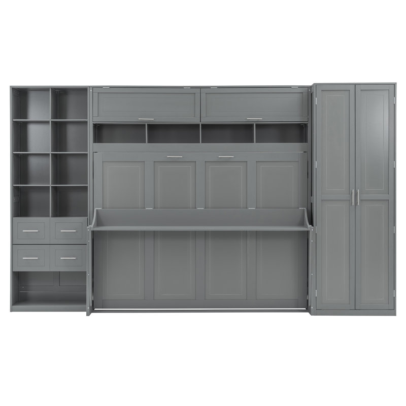 Storage Murphy Bed With Wardrobe, Bookcase And Drawers, Gray, Queen