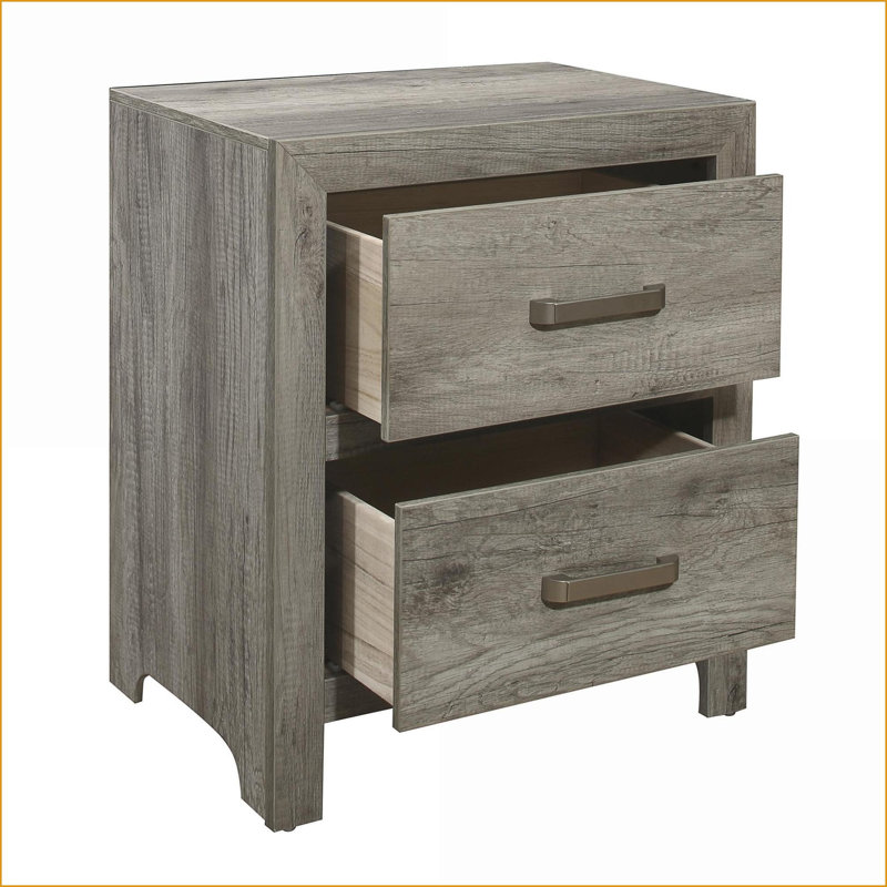 Table de chevet transitionnelle grise à 2 tiroirs avec quincaillerie nickel, Gris