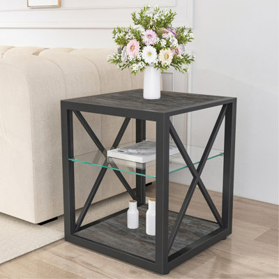 2 pièces Table de bout de style industriel, panneau de fibres à densité moyenne à grain de bois rustique avec table de chevet moderne en verre trempé pour le salon de la chambre à coucher