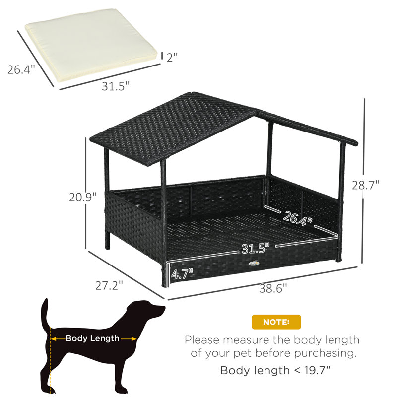Niche pour chien en rotin avec coussin imperméable Pawhut Wicker, H 28,77 po x l 38,67 po x P 27,27 po, Noir / Beige