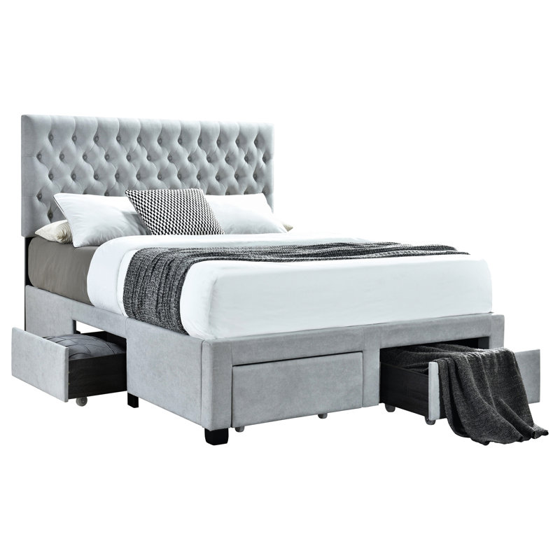 Très grand lit oriental avec 4 tiroirs en tissu d'ameublement gris, tête de lit à boutons, tiroirs spacieux en bois et de construction, ensemble de lattes de cadre pour l'organisation de la chambre à coucher