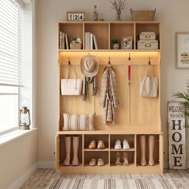 Extra Large Hall Tree with Bench and Shoe Storage, Multi-Purpose Entryway Bench with Coat Rack, 5 Double Hooks and 8 Open Compartments