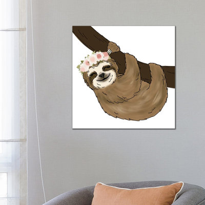 Floral Crown Tree Sloth 1 Piece Wrapped Canvas Wall Art