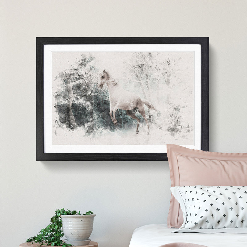 White Horse Rearing In A Winter Forest Watercolour - Picture Frame Graphic Art, 35cm H x 50cm W x 2cm D, Black