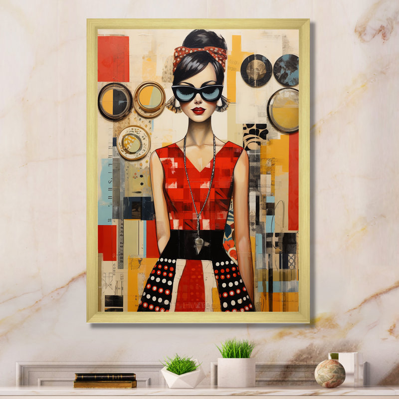 Mid Century Retro Woman Portrait V - Abstract Midcentury, art mural encadré, Encadrement doré, H 32 po x l 24 po x P 1 po