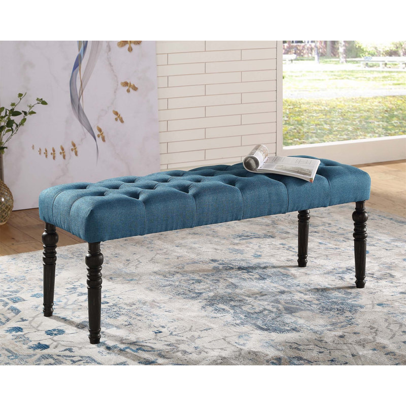 Leviton Solid Wood Tufted Dining Bench With Turned Legs,  For Modern And Elegant Dining Spaces, Blue