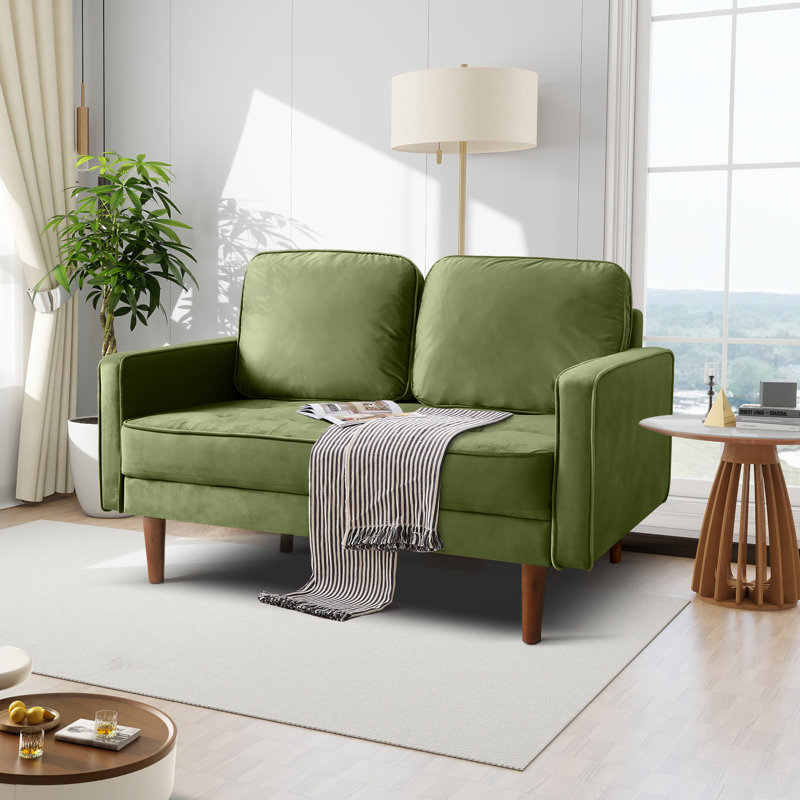 Muneef Corvettta 57.5"  square armrest pull-button double velvet couch, Army Green
