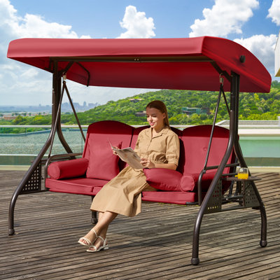 Arlmont & Co. 3-Seat Patio Porch Swing With Adjustable Canopy - Outdoor Swing Featuring Three-Position Backrest, Large Convertible 3-In-1 Swing Bed, Thickened Cushions, Pillows, And Cup Holders - Ideal For Porch, Backyard, Garden