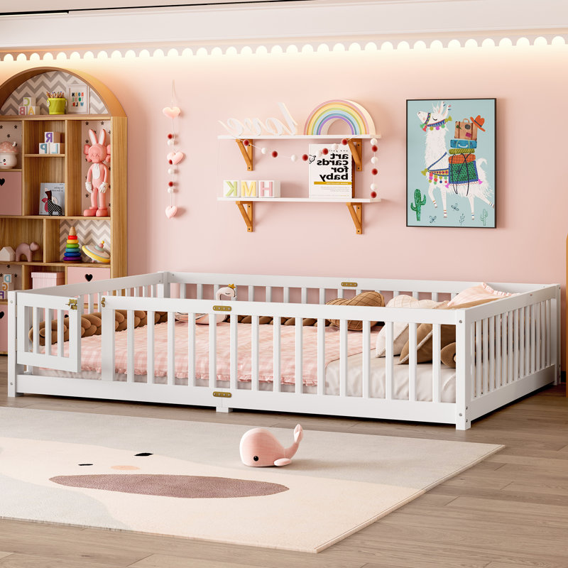 Queen Size Floor Bed With Door,kids Montessori Floor Bed With Slats And Fence,solid Wood Queen Bed Frame For Girls Boys,white