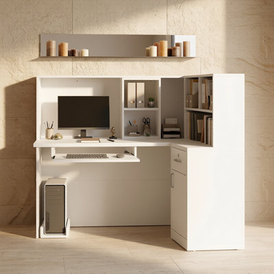 L-Shaped Reception Desk With Storage Shelves, Locking Drawer, Keyboard Tray & Filing Cabinet