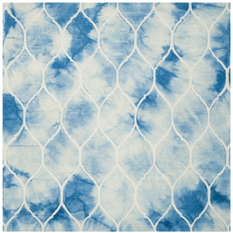 Coleman Hand Tufted Wool/Cotton Geometric Rug in Blue/Ivory, Square 7'