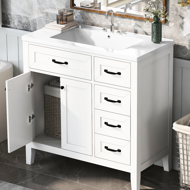 Meuble-lavabo autoportant de 36 po avec lavabo en céramique, tiroirs, bois massif et fiabilité, Blanc