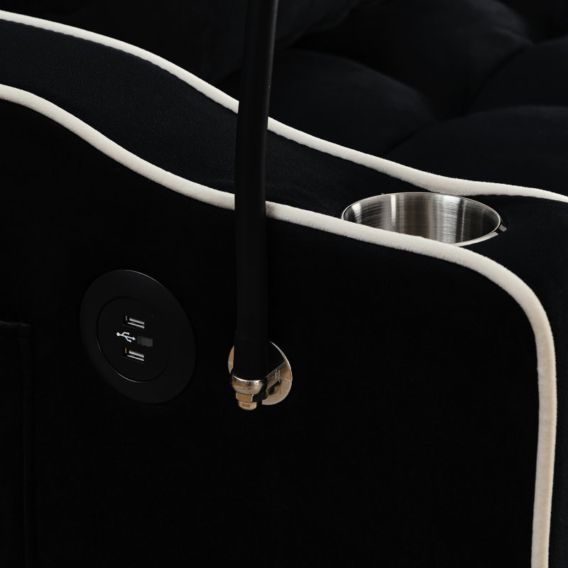 Lit moderne pliable en noir, avec dossier réglable et port de charge, cendrier, support pour téléphone, dossier, 2 coussins moelleux, revêtement en velours noir