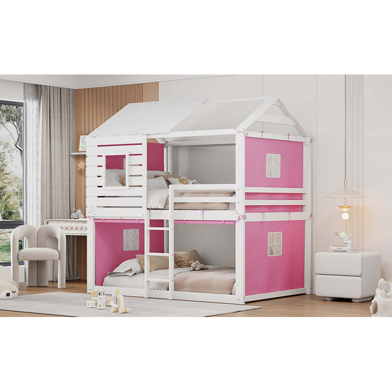 Lit superposé en bois avec tente, Double, Rose / blanc