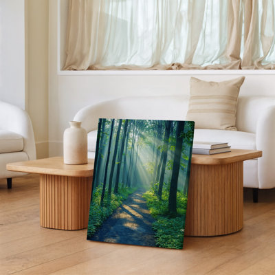 Toile, scène sereine de forêt représentant un chemin de terre sinueux menant un art mural à travers de grands arbres élancés, leurs troncs baignés d'une douce toile