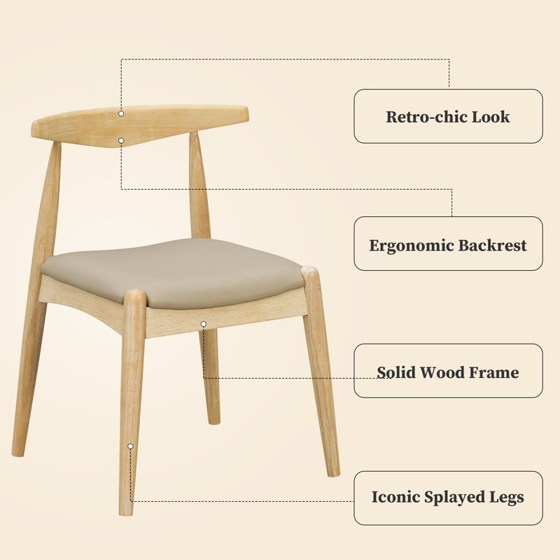 Mid-Century Modern Rubberwood Dining Chairs with Faux Leather Upholstery, Light Gray Cushion/Natural Frame