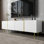 White High-gloss Tv Stand With 4 Doors, Modern And Minimalist, In Black-gold Colour Combination