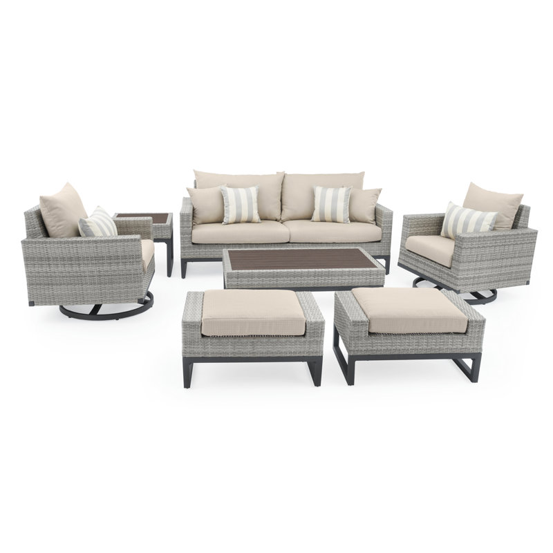 Sameko 7 Piece Rattan Sofa Seating Group With Sunbrella Cushion Covers, Gray, Canvas Jockey Red Sunbrella® Canvas