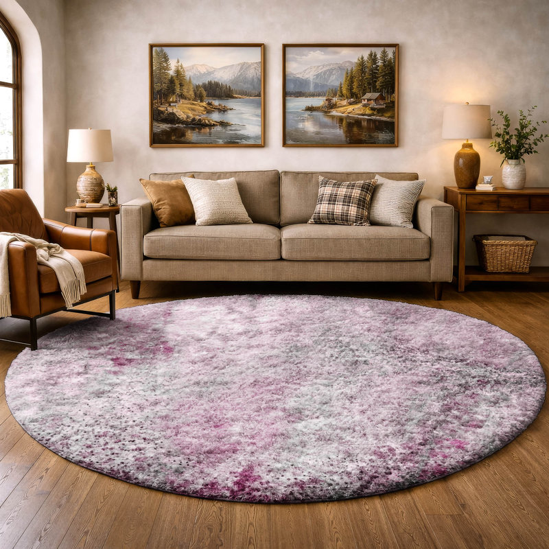 Tapis de qualité supérieure lavable à la machine à poils longs ADS505, Rose, Rond 8 pi