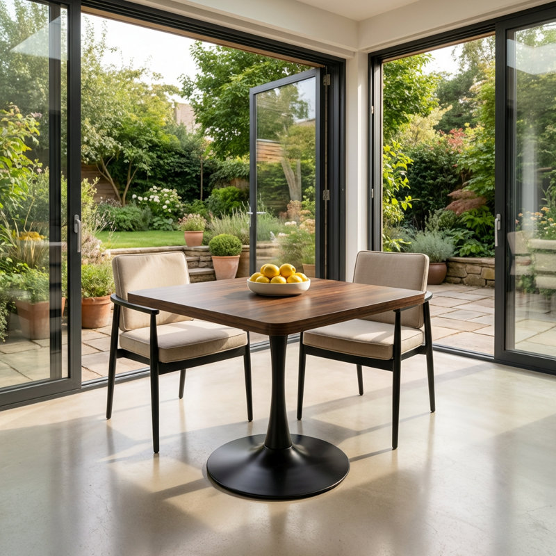 Compact Square Pedestal Dining Table with Thickened Edge Tabletop and Metal Base, 28.7" H x 27.8" L x 27.8" W