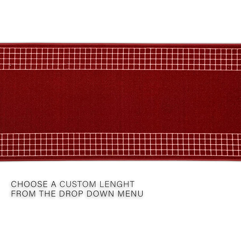 Custom Size Runner Rug 31 Inch Wide X Choose Your Length Checkered Border Design Red Color, Runner 2'7'' x 31'