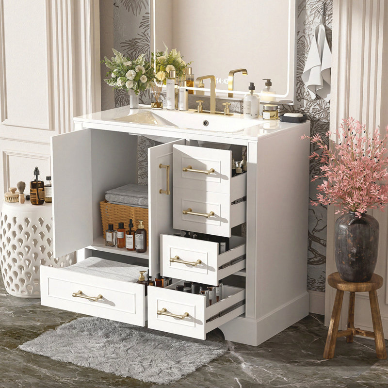Meuble-lavabo traditionnel 36 po avec lavabo en céramique, armoire de salle de bain avec deux portes à fermeture douce et quatre tiroirs