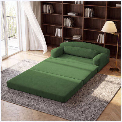Foldable Corduroy Loveseat Sleeper Sofa Bed, High-Density Foam Convertible Couch, Green