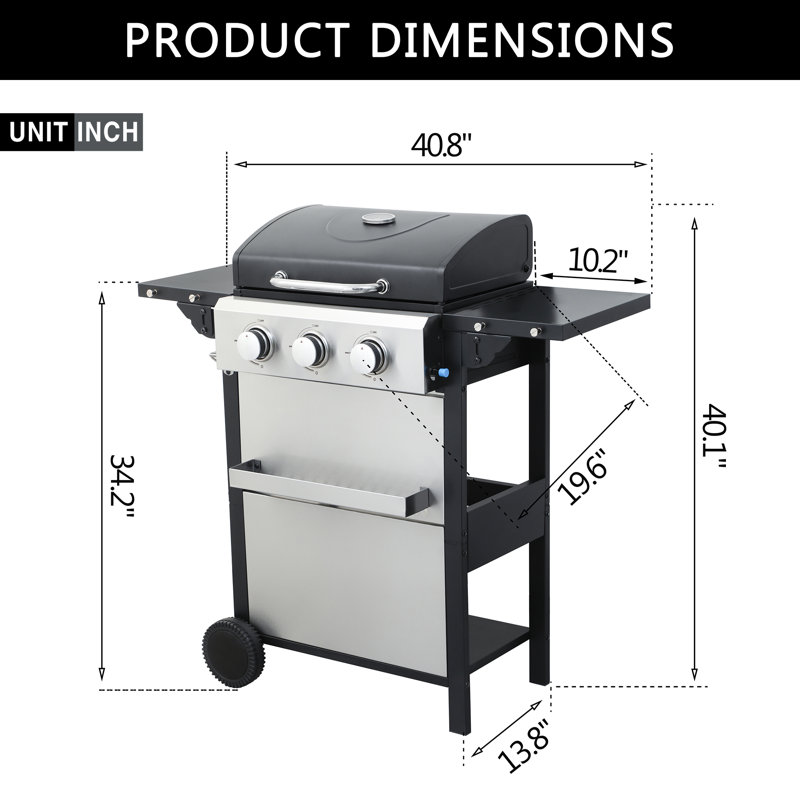 Barbecue au gaz propane à 3 brûleurs avec grilles de cuisson en émail métallique