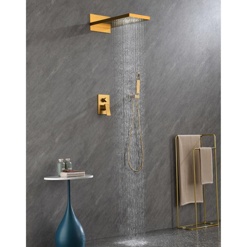 Douche de salle de bain avec tête de douche à pluie et poche - Accents rectangulaires en laiton doré