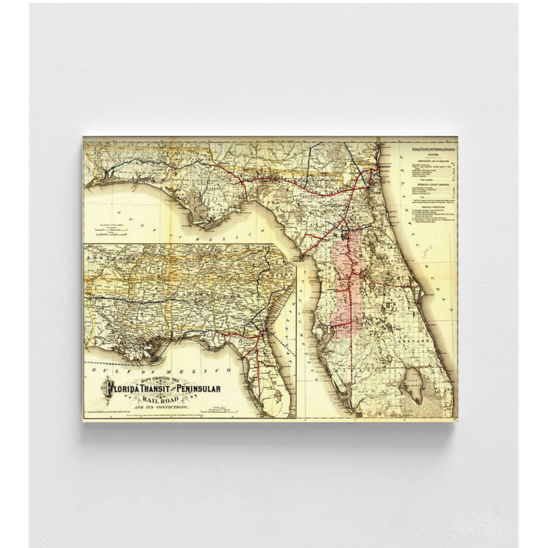 Floride, transport en commun et péninsule, chemin de fer 1882, bibliothèque, décoration murale pour chambre d'amis, décoration de salle de bain, art rupestre antique, carte de la Floride